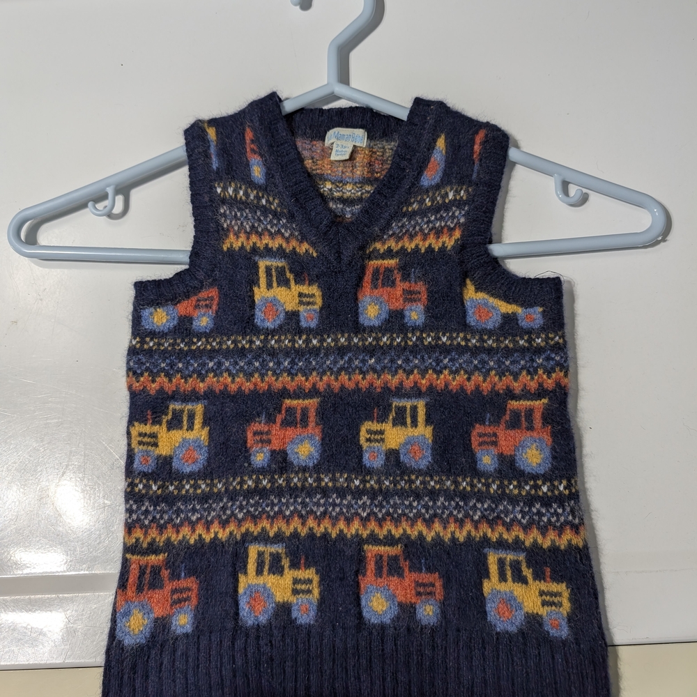 JoJo Maman Bebe Navy Sweater Vest with Tractor Pattern